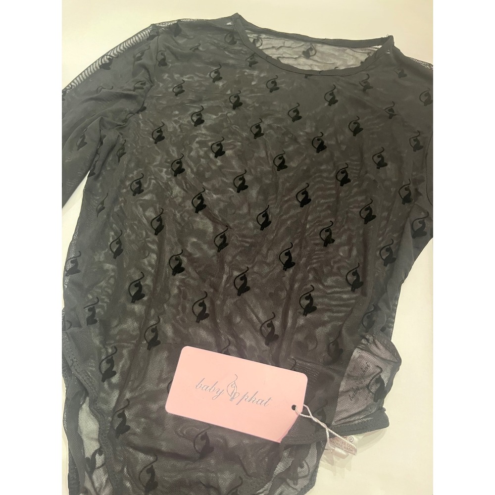 Baby Phat Black Sheer Mesh Bodysuit Long Sleeve Flocked Velvet Cat Logo NWT M